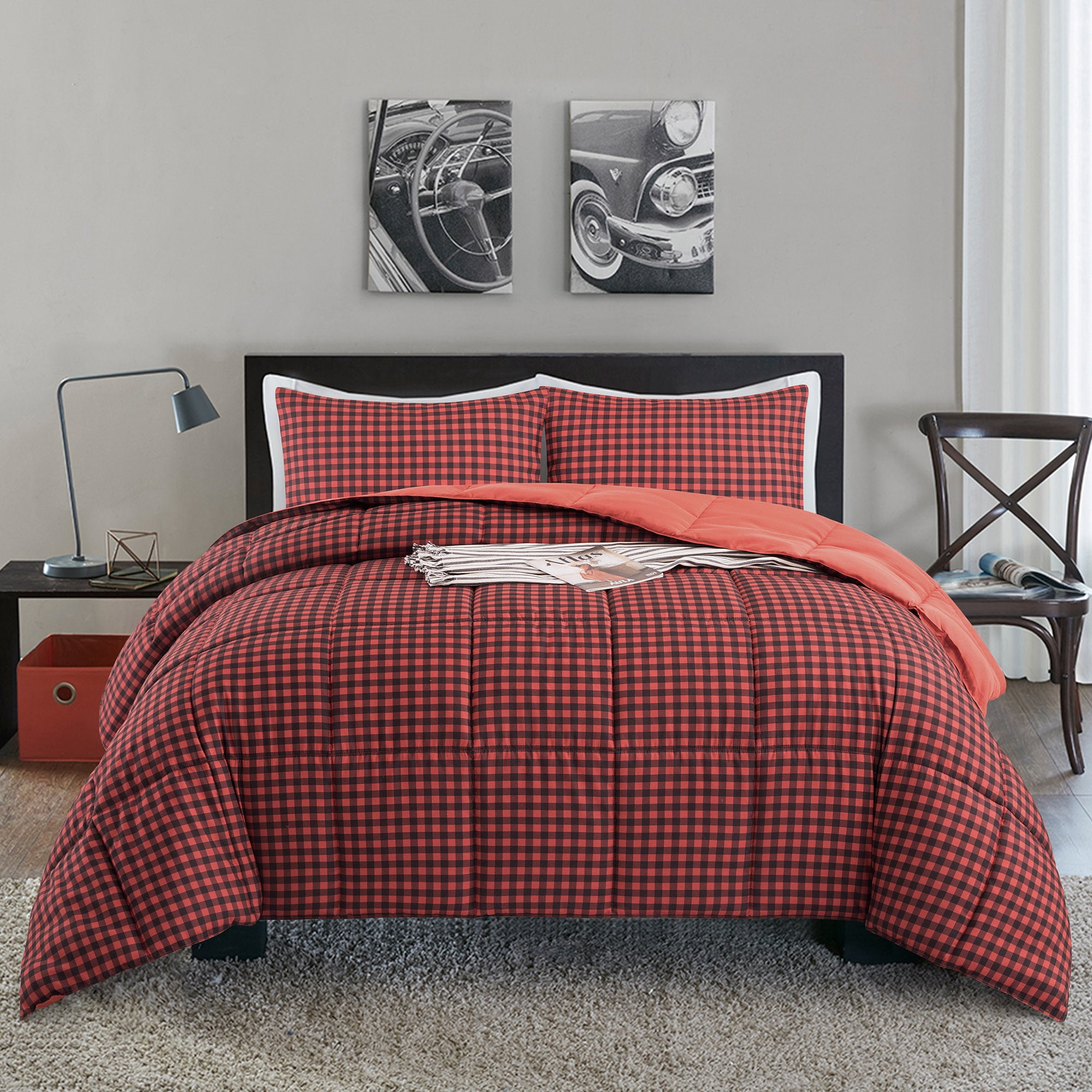 Puredown All Season Reversible Down Alternative Black/Red Plaid 3Piece