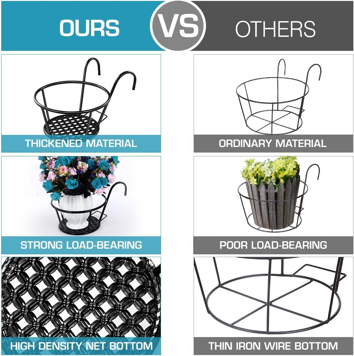 ABCISI Over The Rail Flower Pot Holder for Railings Planter Iron Fence Planters Hanging Planter Pot Container 16.5x10.5x20cm (Black)