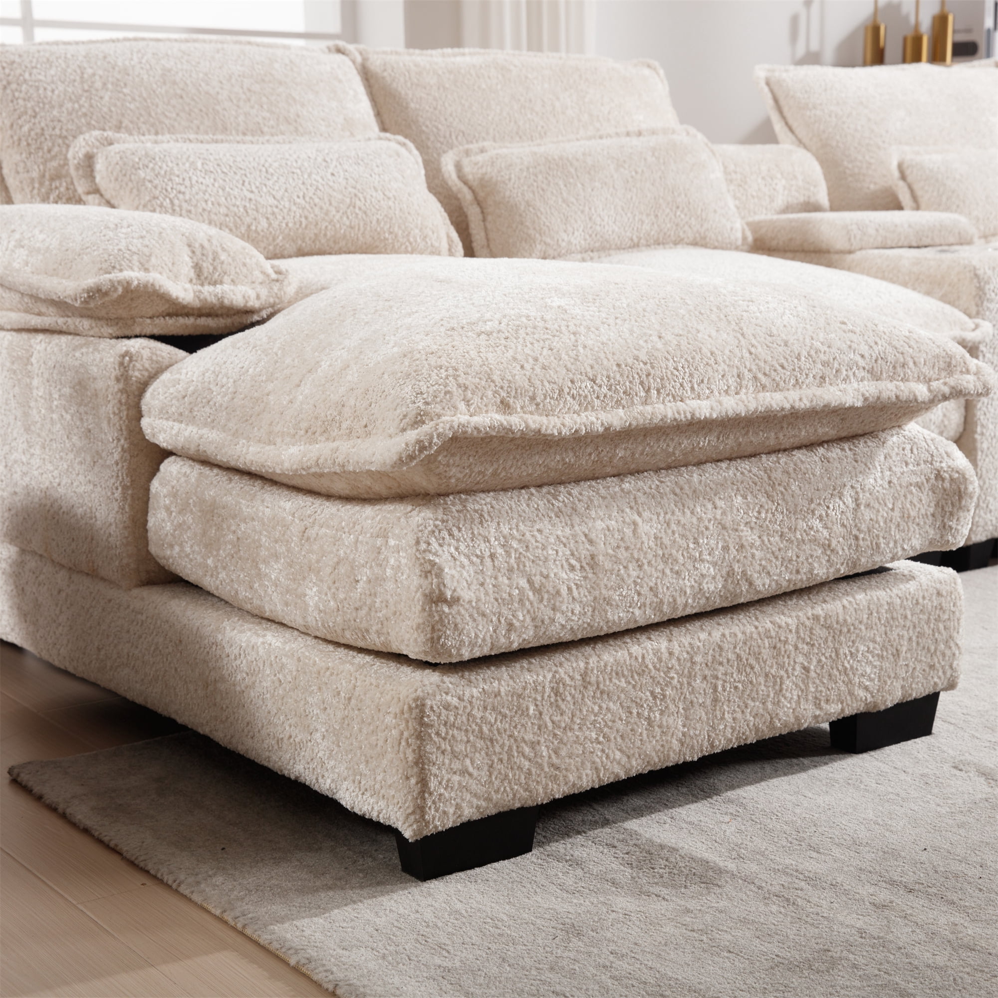 Aukfa 123" Oversized Sectional Sofa U-shaped Couch w/ Cupholder Console & USB Port for Living Room, Chenille, Beige