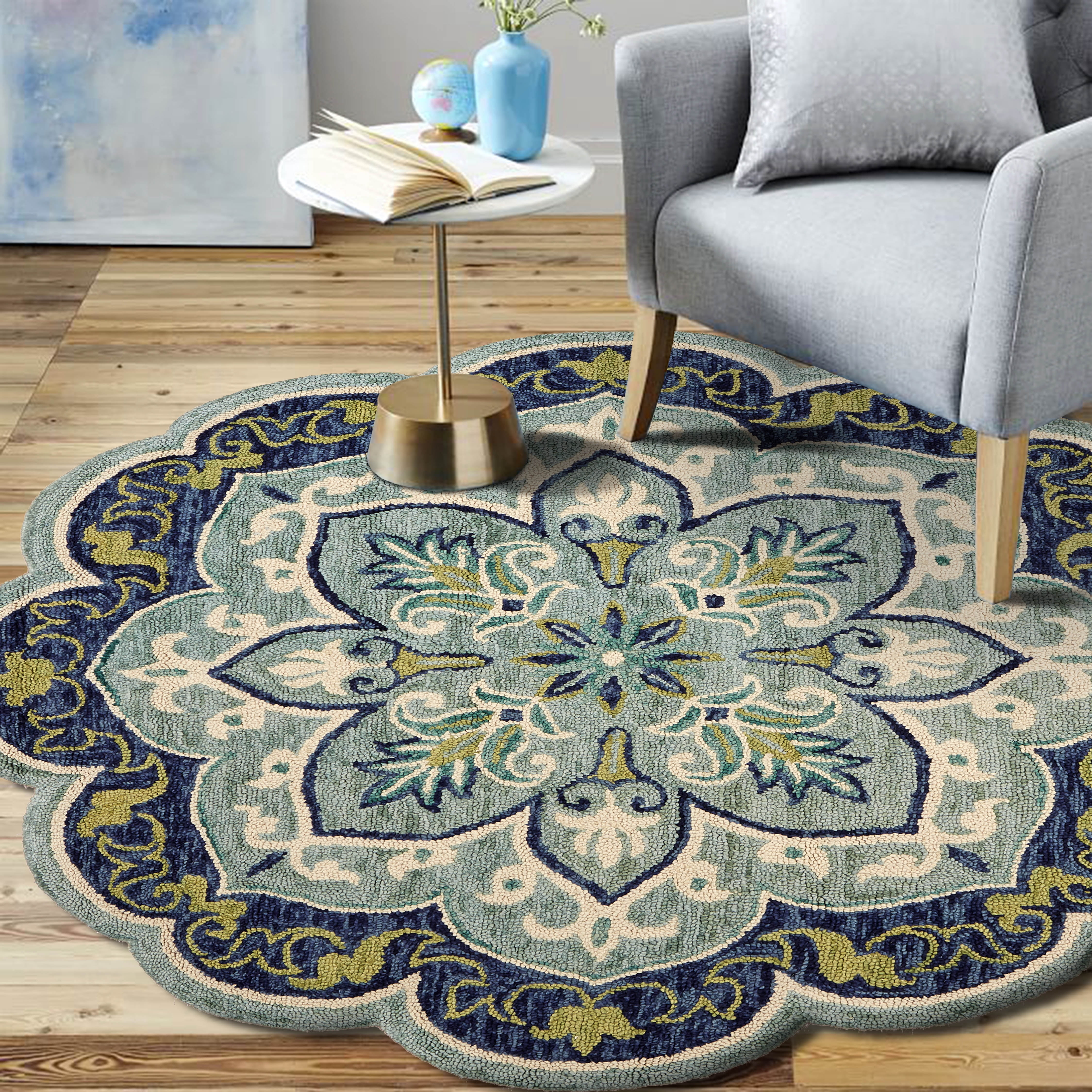 Ox Bay Eloise 6' Round Teal Floral Medallion Indoor Area Rug