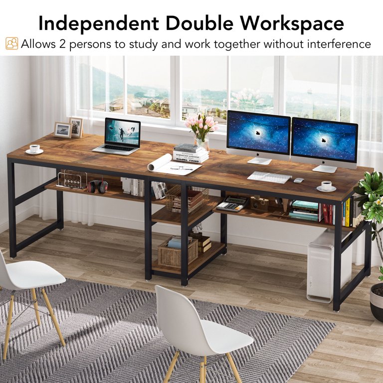 Tribesigns Small Square Computer Desk Set of 2, 82.66 Extra Long Home  Office Desk, Double Office Desks with Brown and Black Splice Board, Free