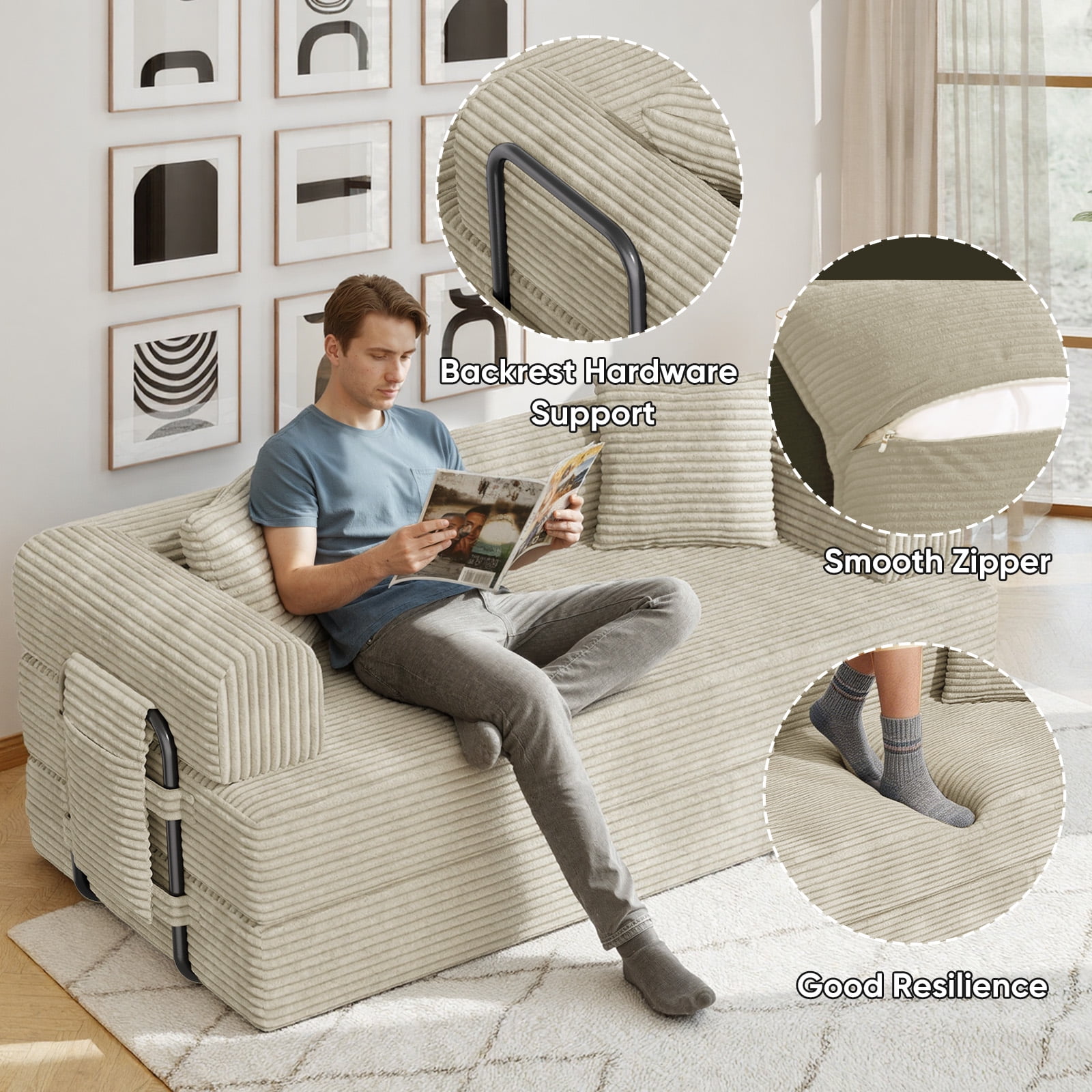 Daluvenix 4-in-1 Folding Convertible Sofa Bed 81 Inch Oversized Corduroy Upholstered Boneless Couch Loveseat Sleeper with Pull Out Bed Beige