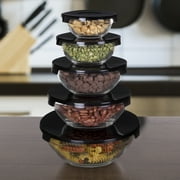 Glass Food Storage Containers with Snap Lids- 10 Piece Set by Chef Buddy (Black)