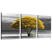 3 Piece Canvas Wall Art - Panoramic Black and White wallart with Yellow Trees The Scenery Landscape - Modern Home Decor The Room Stretched and Framed Ready to Hang - 12"x16"x3 Pa