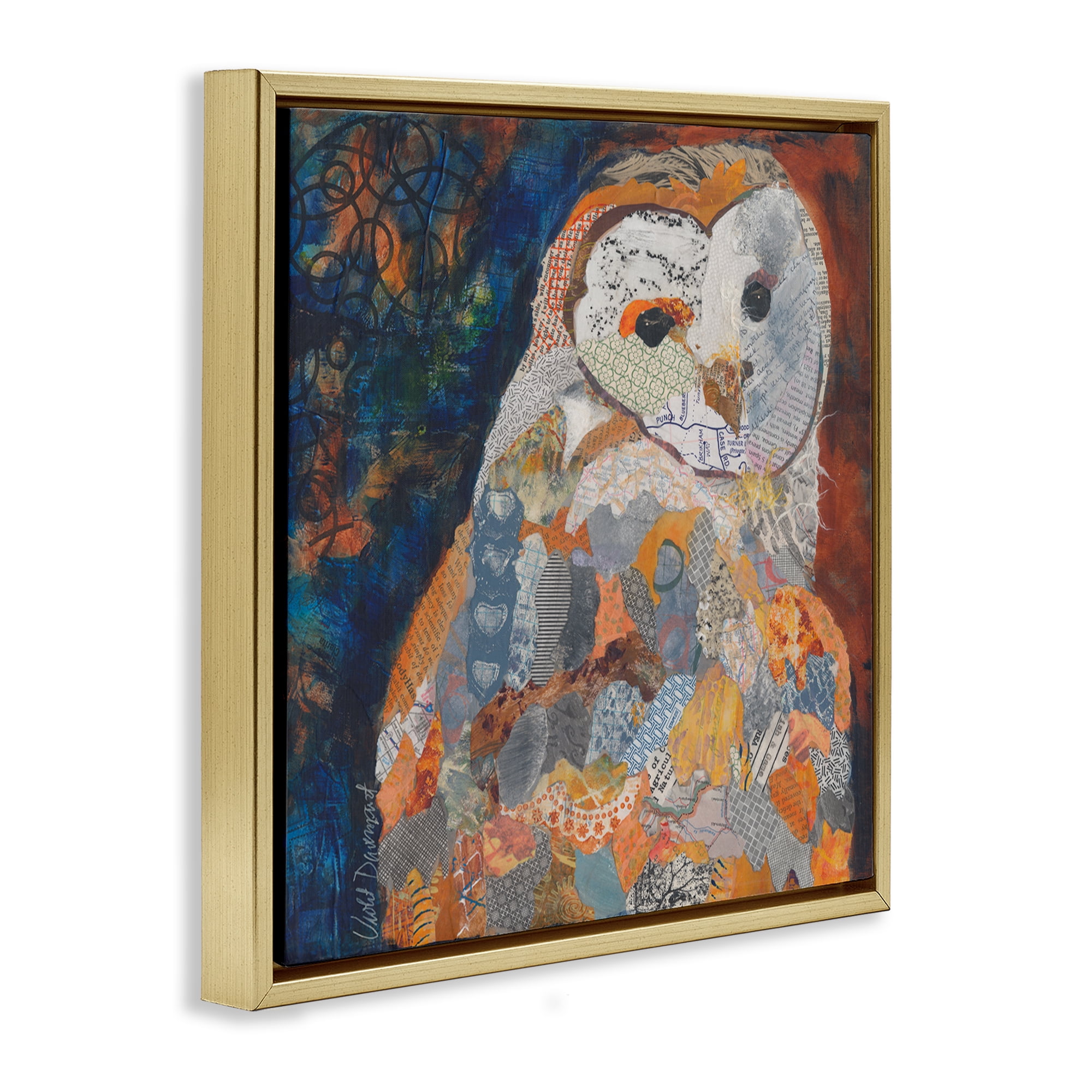 Stupell Industries Collage Patterned Owl Animals Painting Gold Floater Framed Canvas Art Print Wall Art, 25 x 25