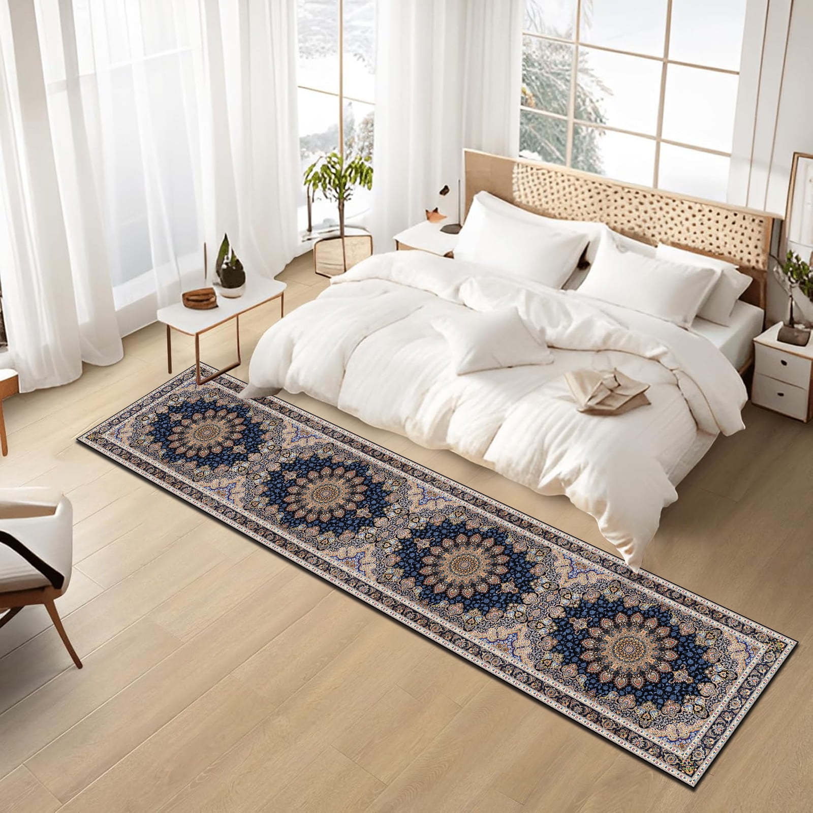 Mitzzllc Runner Rug 2'x10'Non Slip Hallway Vintage Rugs,Machine Washable Long Floor Carpet Entryway Area Rugs,Dark Blue and Beige