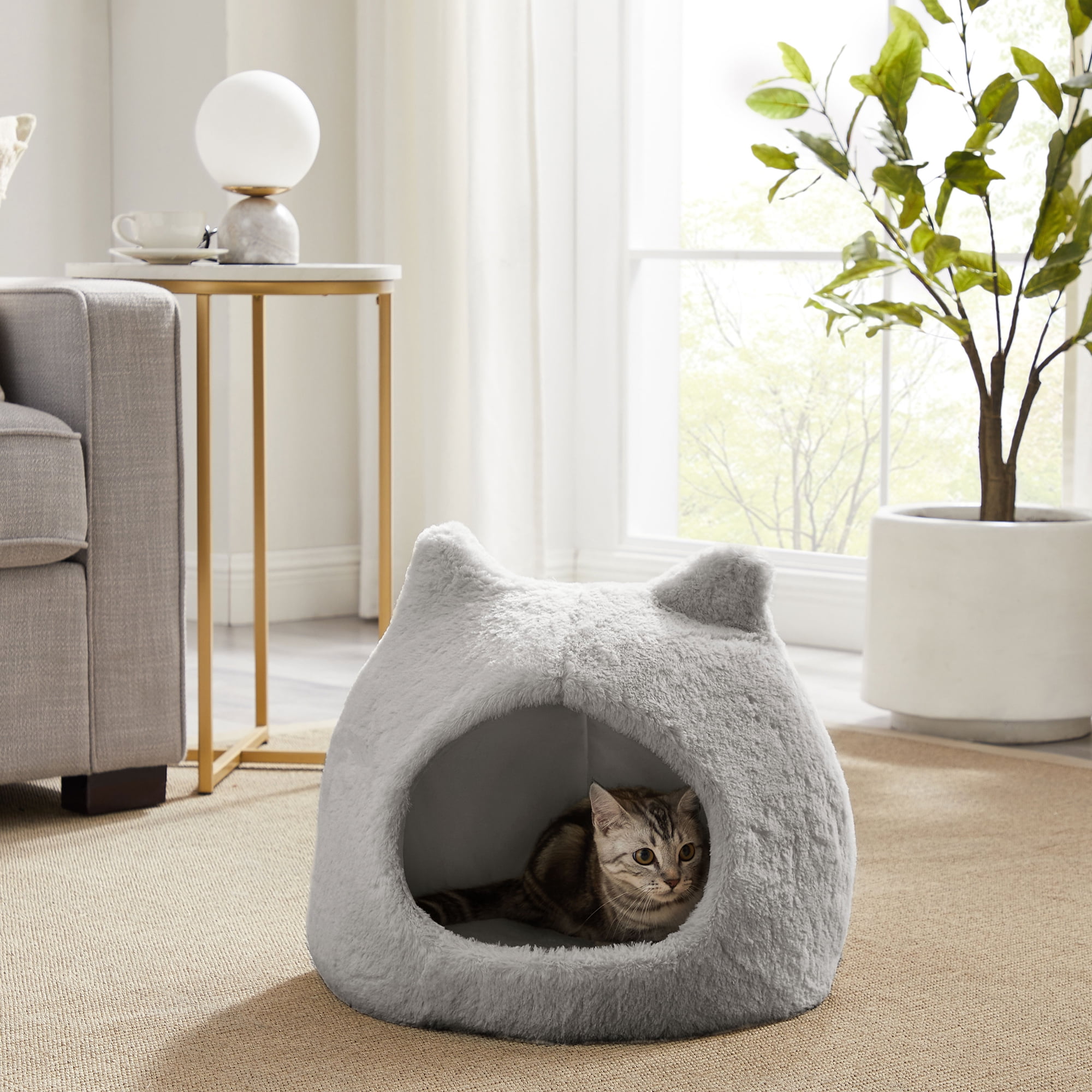 Best Friends by Sheri Meow Hut Fur Dome Pet Bed – Covered Cat Cave for Cats & Small Dogs up to 15 lbs, Faux Fur Hideaway with Water-Resistant Bottom, Machine Washable, Gray