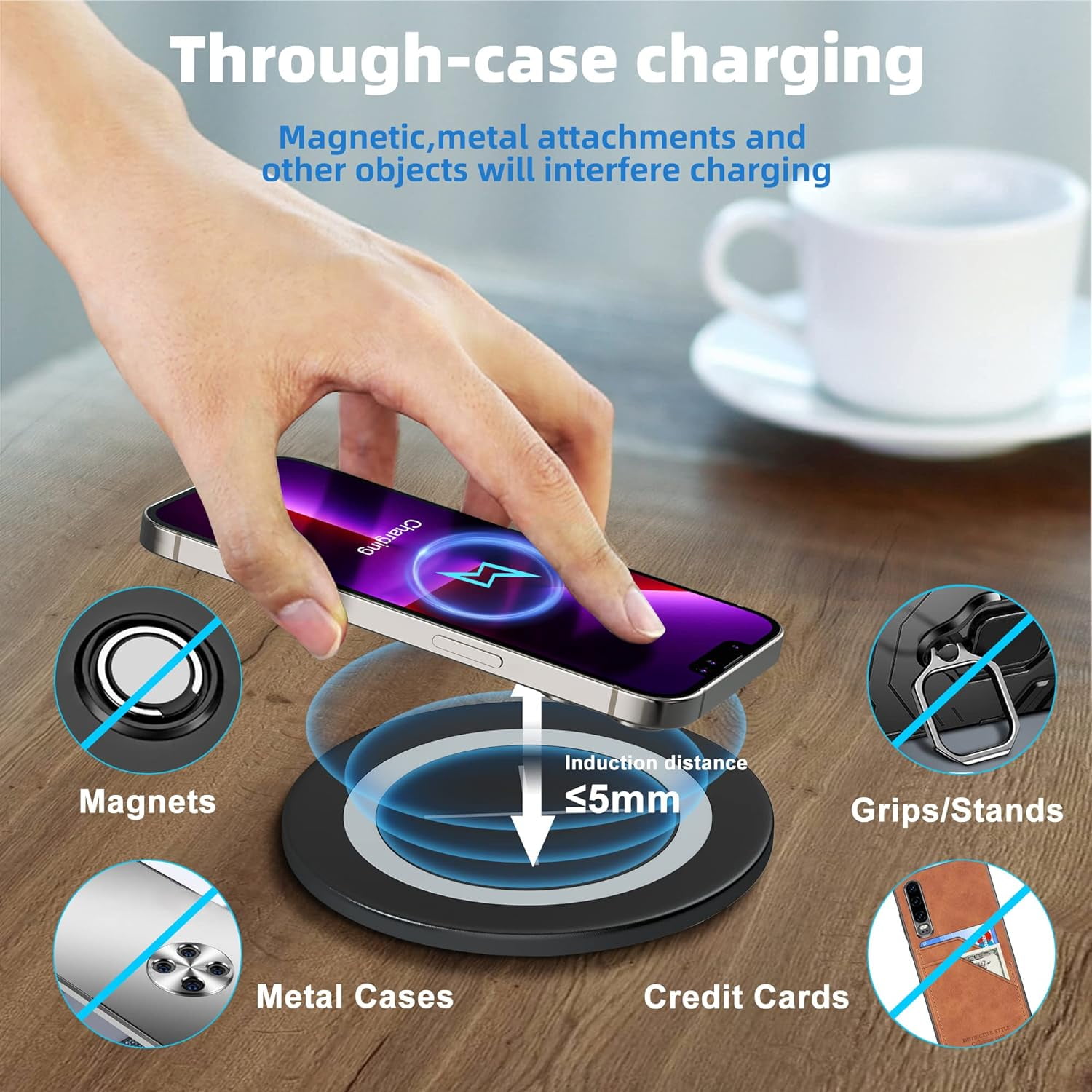 Flush Mount Wireless Charging Pad, 15W Fast Qi Charger for Desk Hole Installation – Built-in Wireless Charger Station for Office Desk, Nightstand, Workbench – Compatible with iPhone, Samsung (Black)