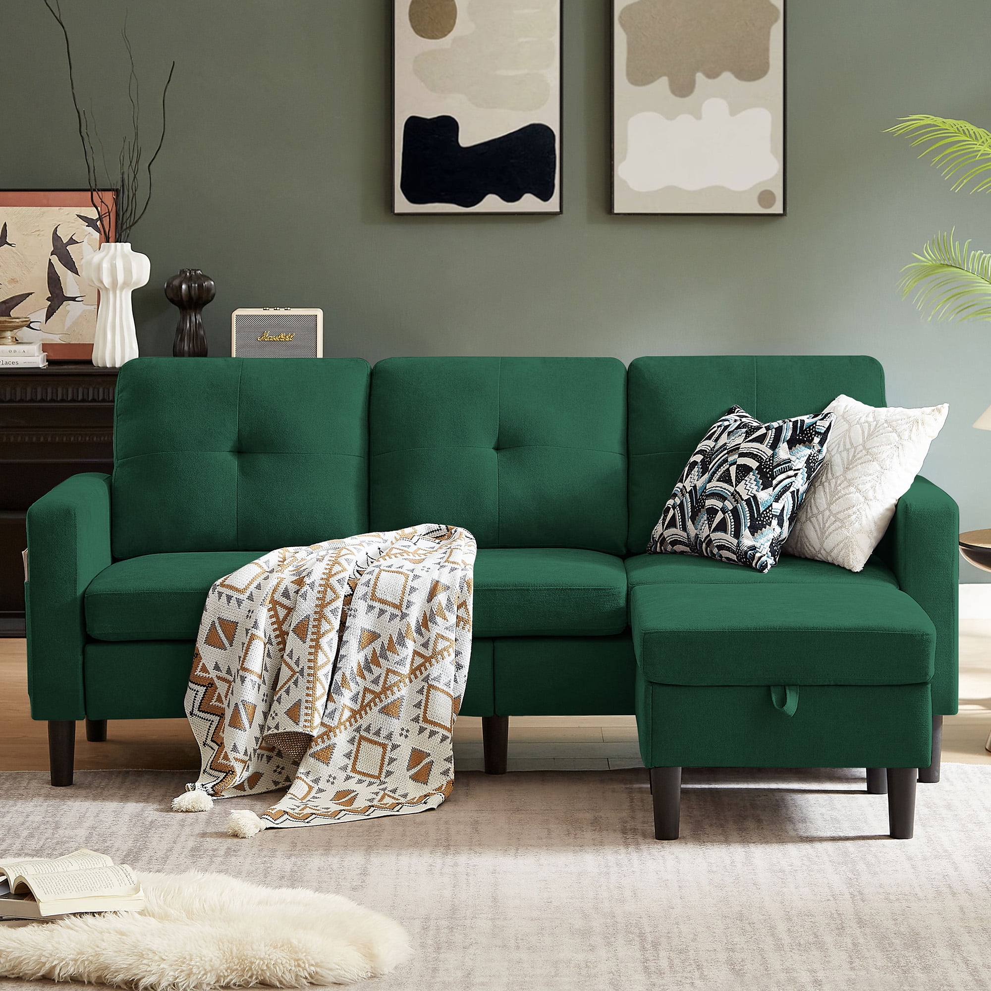 Tornama Linen L Shaped Convertible Sectional Sofa with Reversible Chaise, Green