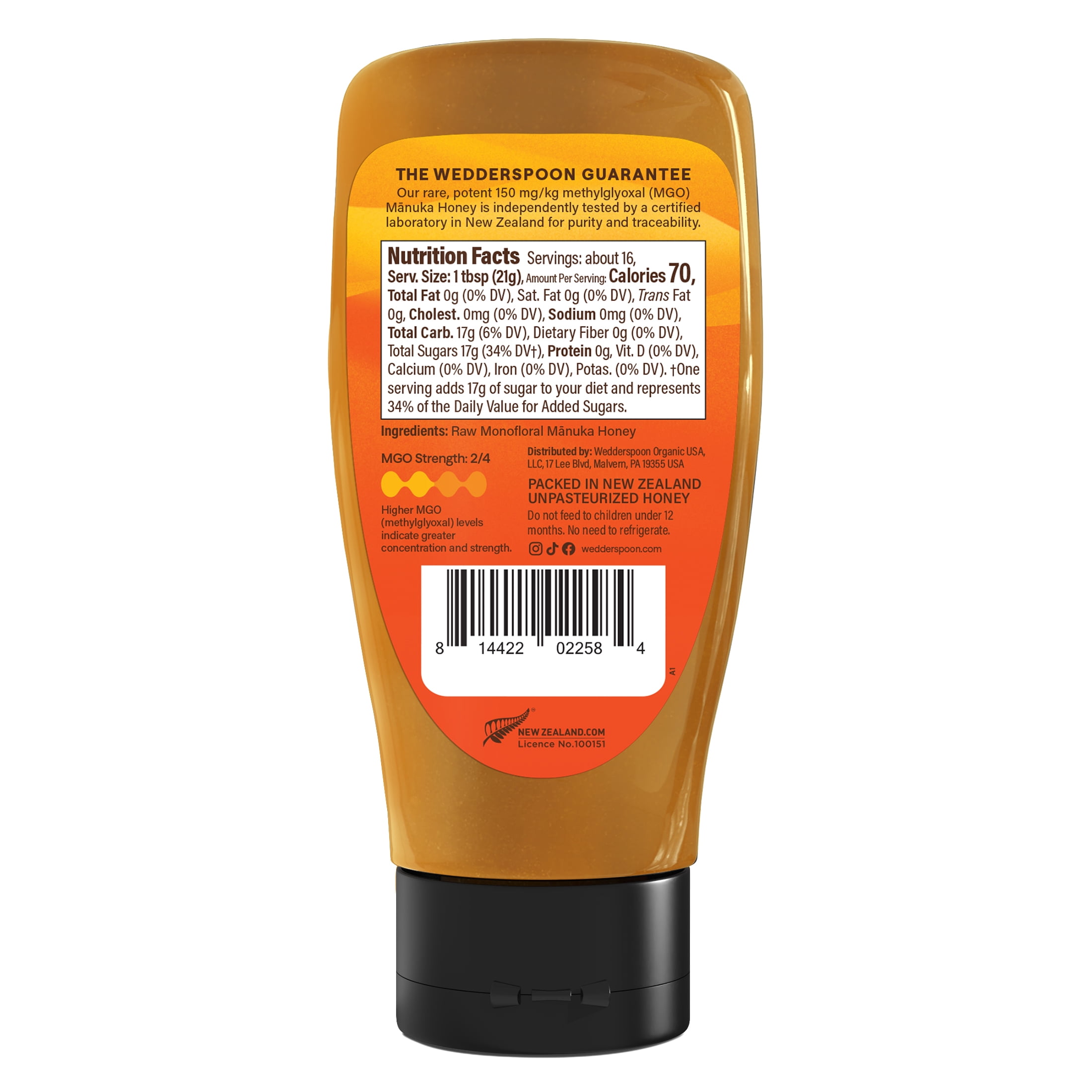 Wedderspoon Raw Unpasteurized New Zealand Manuka Honey, 150+ MGO, 12 oz