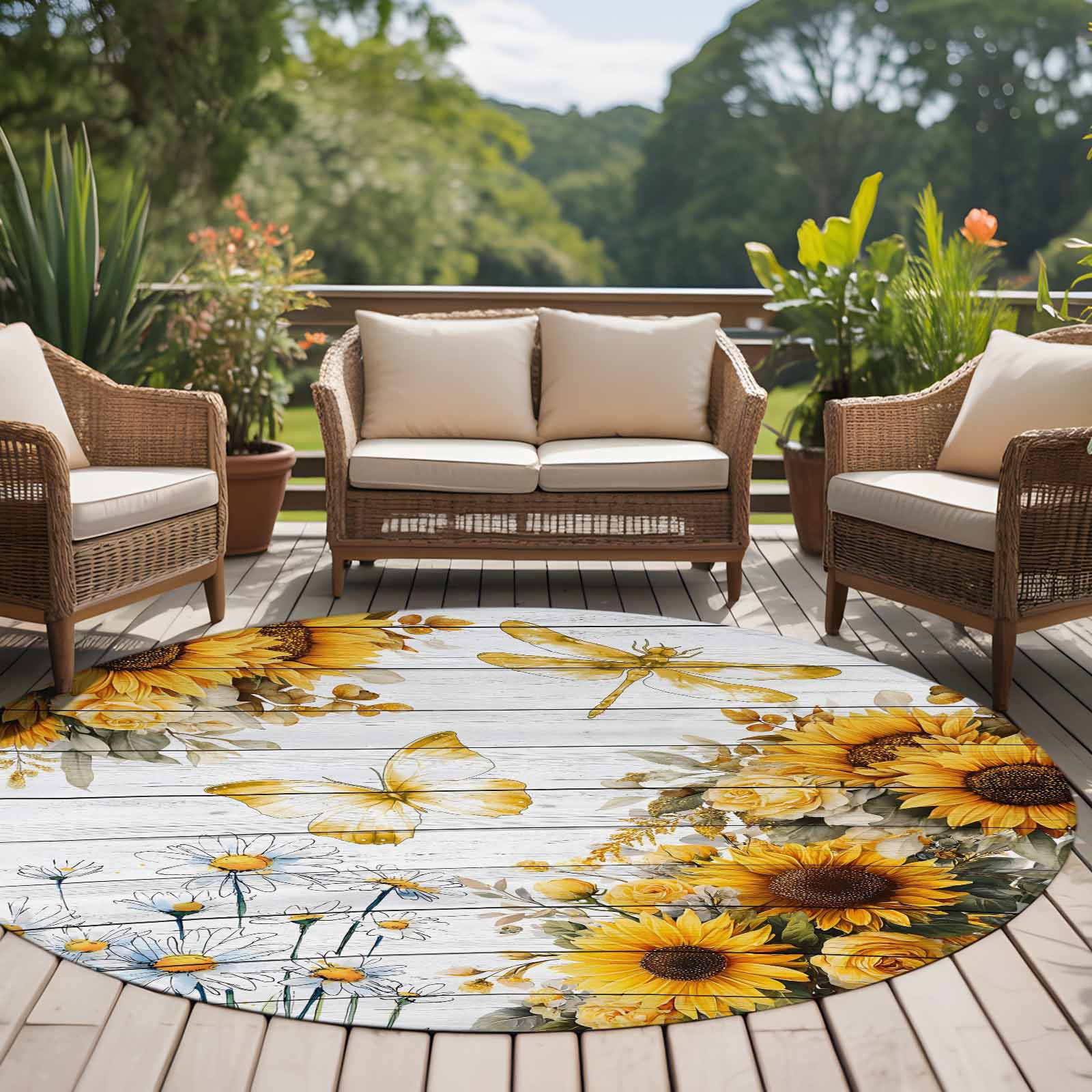 Round Rug 7Ft Washable Non-Slip, Farmhouse Sunflower Circle Area Rugs for Living Room Bedroom, Vintage Daisy Butterflies Gray Wood Indoor Floor Mats Carpet Runner for Home Decor Aesthetic