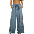 thumbnail image 2 of IUYRTFE Women's Linen Blend Wide Leg Pants with Drawstring Elastic Waist and Pockets Casual Relaxed Fit Trousers, 2 of 7