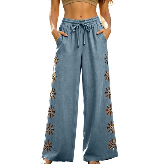Qulqfy Linen Wide Leg Pants for Women Baggy Cotton Embroidered High Waisted Casual Plus Size Drawstring Blue Trousers Pants with Pockets M