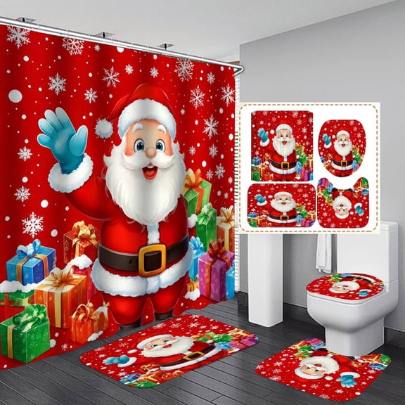 4Pcs Christmas Shower Curtain Bathroom Set with Non-Slip Rugs Toilet Lid Cover and Non-Slip U Shape Bath Mat Red Christmas Santa Claus Bathroom Decor with 12 Hooks Xmas Holiday Home Decor