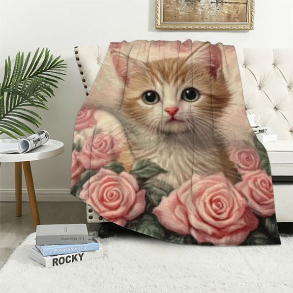 Orinice Cute Cat Blanket Pink Rose Flowers Kitty Blankets for Mom Girls Women Cat Gifts Flannel Soft Warm Cozy Fuzzy Throw Blankets for Bed Sofa Decor Valentine Day Gifts 40x50in