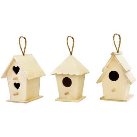 Wood Craft 4" Birdhouses w/Jute Cord 3 Style Assortment 36pk-