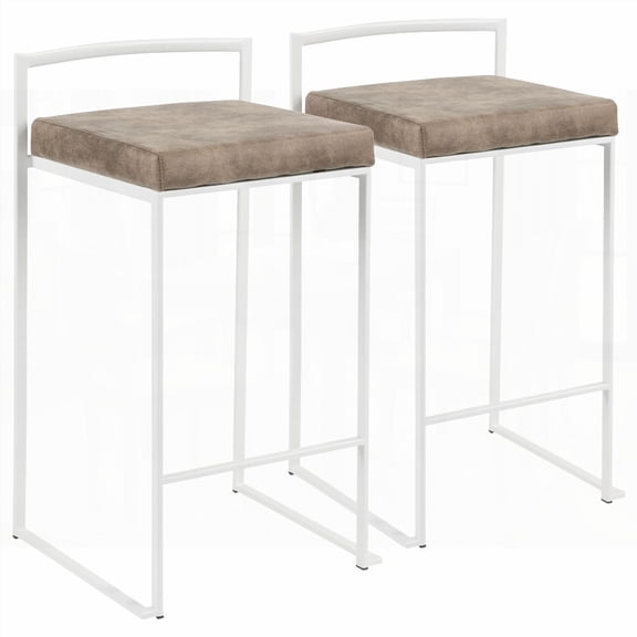 White Contemporary Stackable Counter Stools Set of 2 by LumiSource - With Brown Cowboy Fabric Cushion