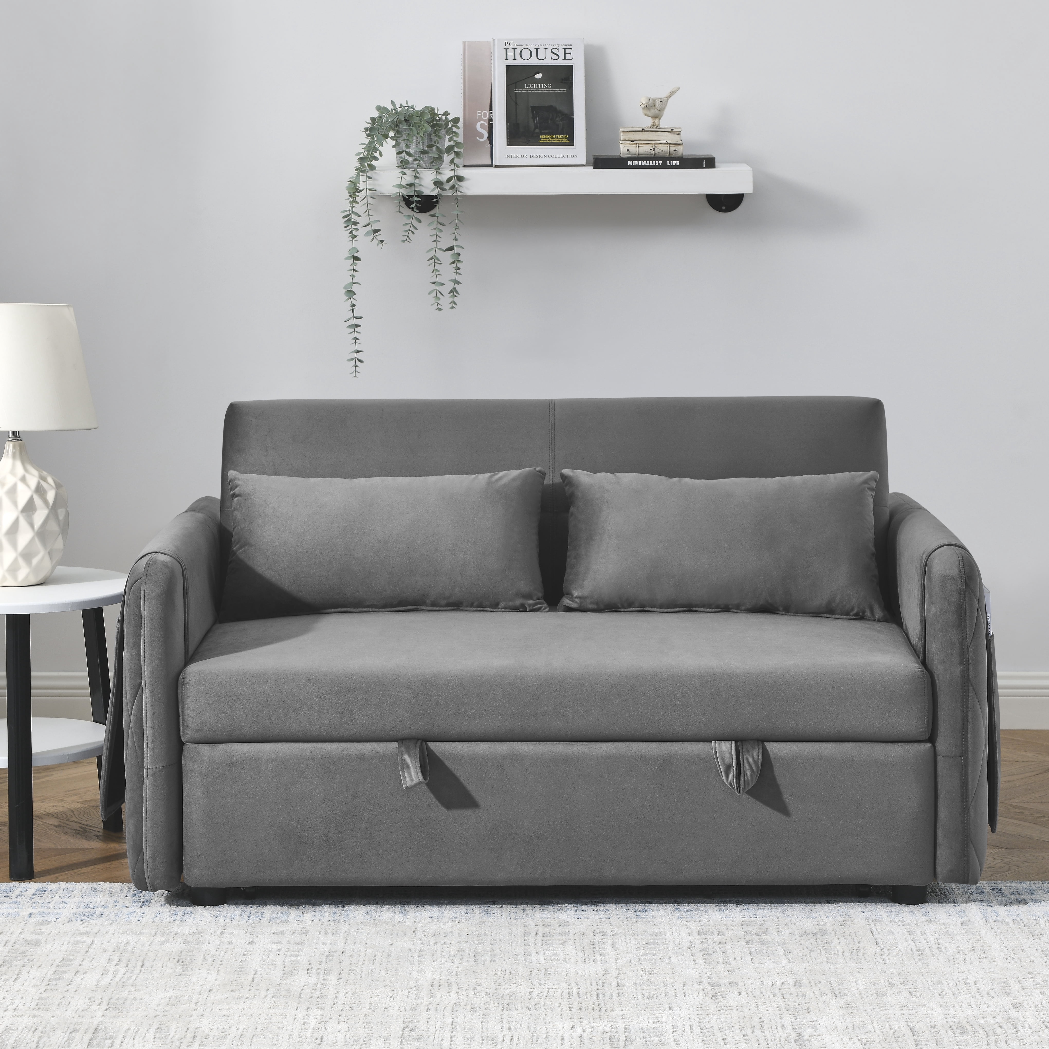 DEALTOPS 55" Modern Velvet Pull Out Sofa Bed Loveseat Lounge Chaise,Sleeper Sofa Bed with Adjustable Backrest 2 Detachable Arm Pockets - Gray