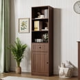 thumbnail image 2 of Farmhouse Bookshelf with Drawer, 71" Tall Narrow Bookcase with Adjustable Left/Right Door, Adjustable Shelf, Freestanding Display Book Shelf for Living Room,Bedroom, Office, Walnut, 2 of 10