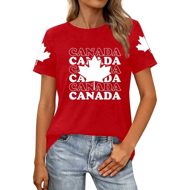 Fgnfyis T-Shirts Graphiques pour Femmes pour l'Été, Tenue Décontractée, Confortable, Manches Courtes, Col Rond, Tee avec Imprimé Patriotique de la Fête du Canada, T-Shirts pour Femmes Rouge P
