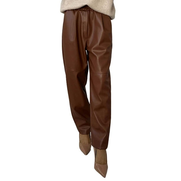 Pantalones de mujer de cuero sintético con cinturón elástico - Pantalones largos ajustados de color liso con bolsillos, poliéster, S-XXL