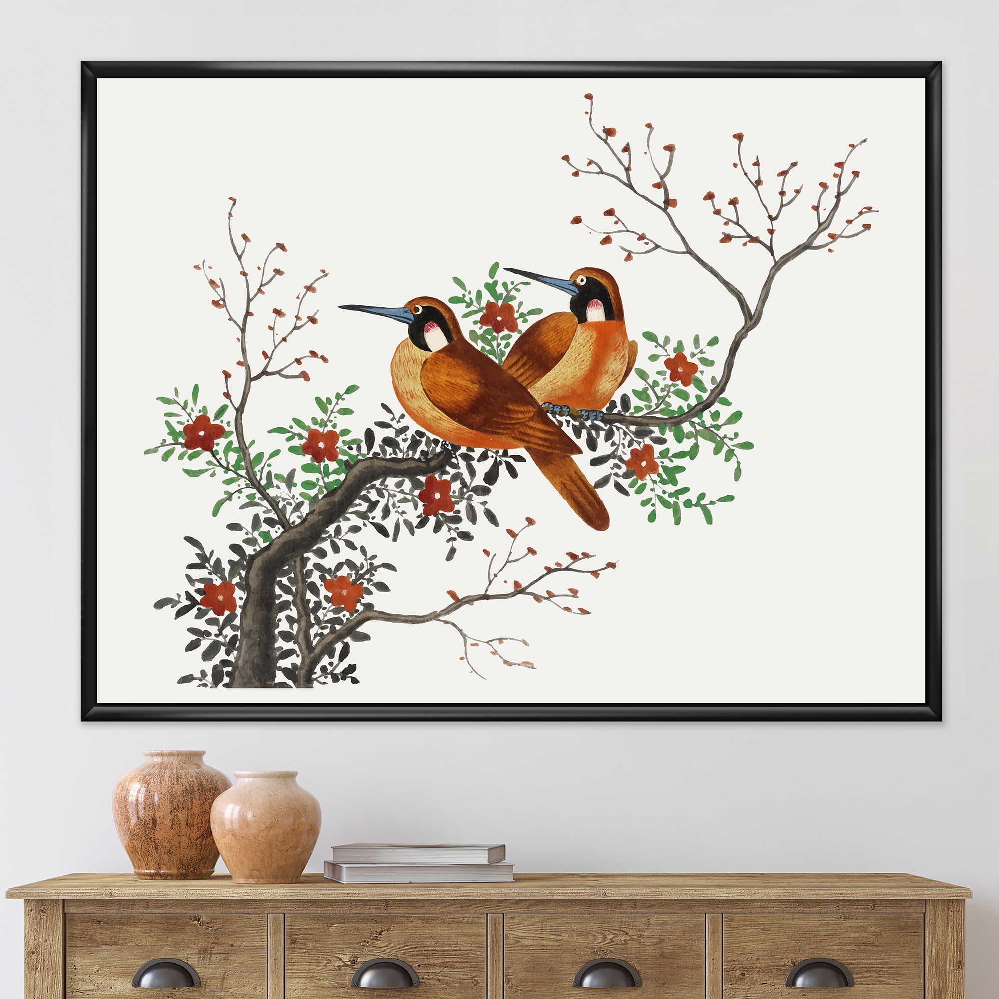 Designart 'A Flowering Tree Branch With Two Chinese Birds' Traditional Framed Canvas Wall Art Print