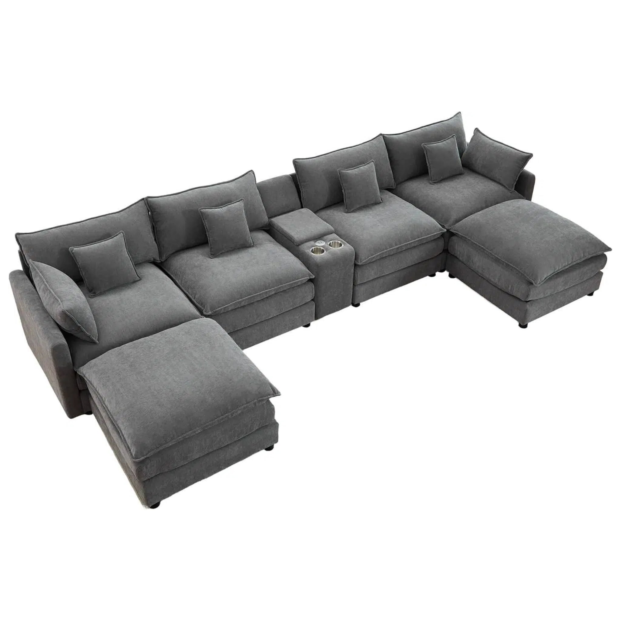 ANPPORT 145" U Shaped Cloud Modular Sectional Sofa, Chenille Deep Seat Couch with Storage Console, USB Ports & Cup Holders for Living Room, Grey
