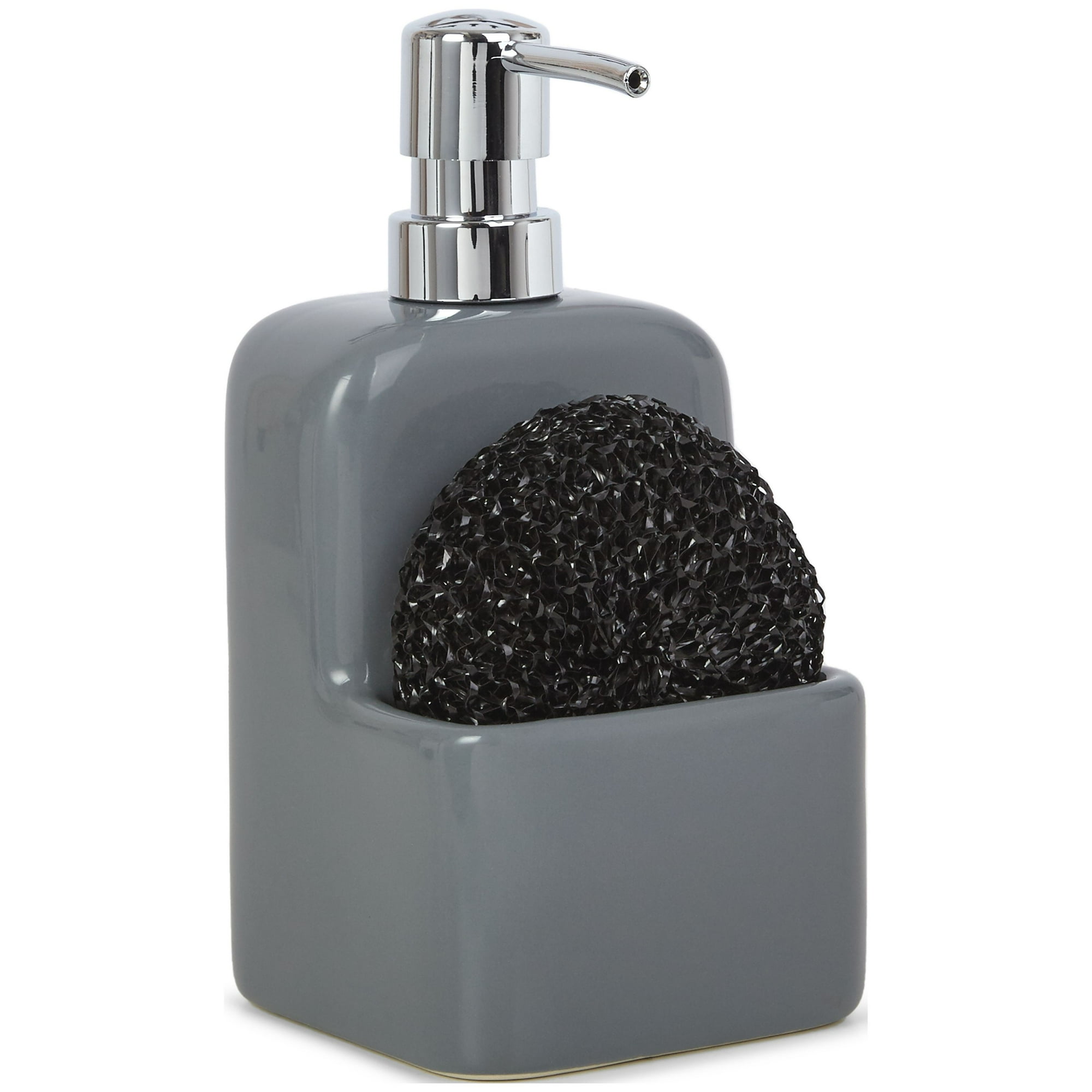 Mainstays Liquid Soap Pump with Sponge Caddy, Gray Ceramic, Single, Well Suited to Kitchen Organization and Accessibility
