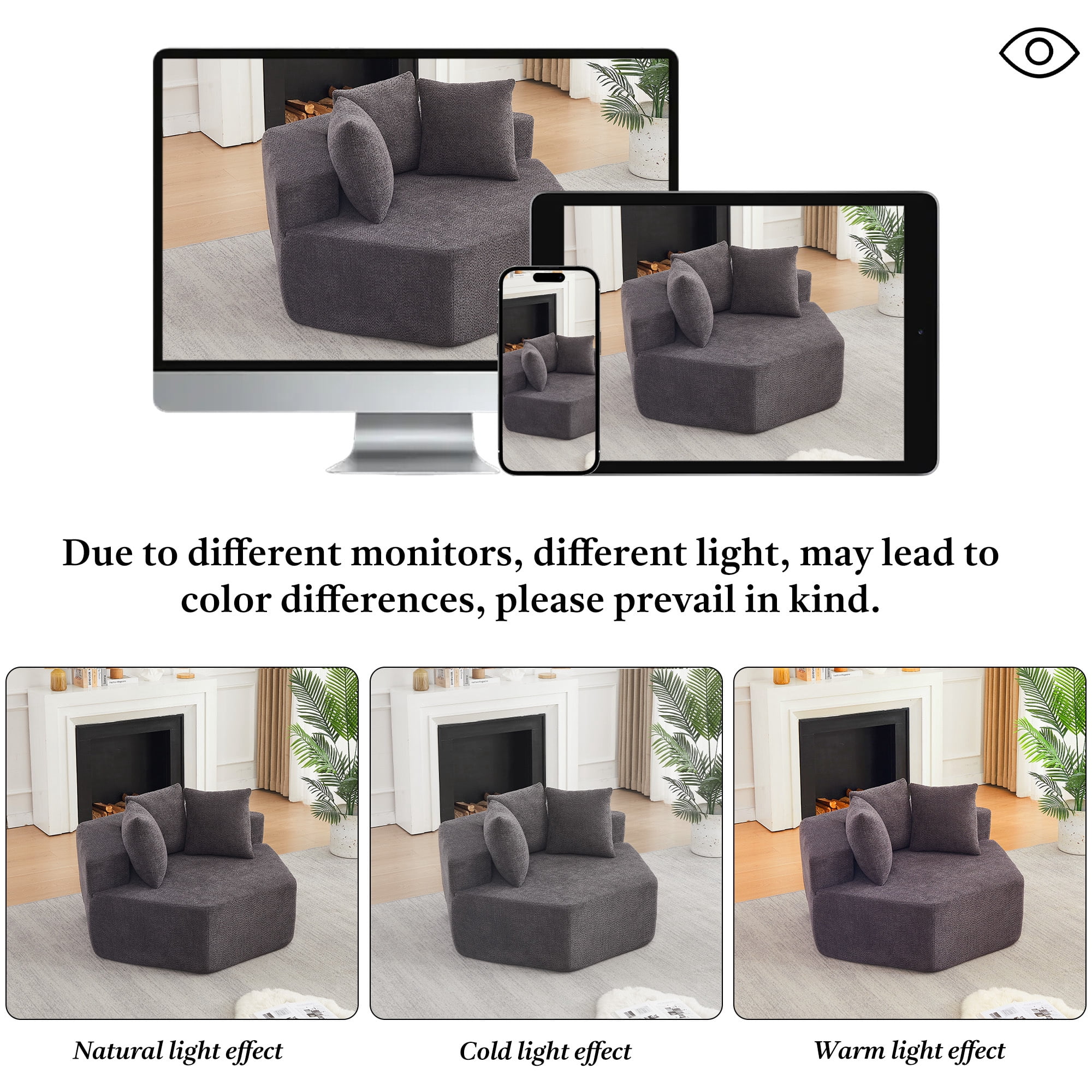 Leumius 54-inch Modern-style Hexagonal Single Lounge Chair, Chenille-Upholstered Sofa for Lounges, Game Rooms, Living Rooms and Bedroom Grey
