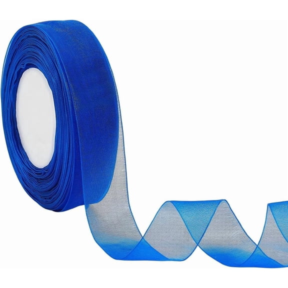 50 Yards 1 Inch Blue Sheer Organza Ribbon Clear Thin Shimmer Silk Chiffon Mesh Tulle Yarn Fabric Decorative Ribbons Bulk for DIY Sewing Making Crafts Gift Wrapping Flower Bouquet Wreaths Wedding