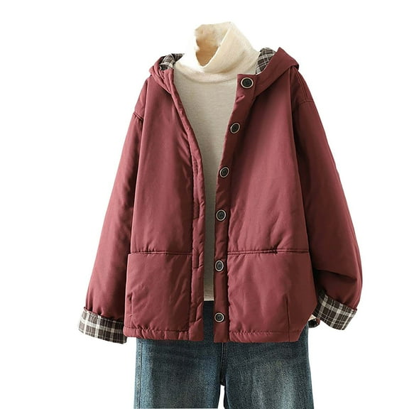 Enjoytime Womens Winter Coats Solid Color Long Sleeve Button Down Jacket Fall Fashion Warm Casual Outerwear with Hood