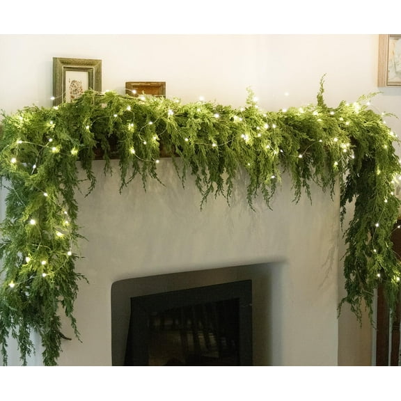 Bootesun 6FT Christmas Garland with String Lights, Real Touch Cedar Pine Garland, Green Artificial Greenery Garland for Table, Mantle, Wall, Indoor, Outdoor Christmas Decorations