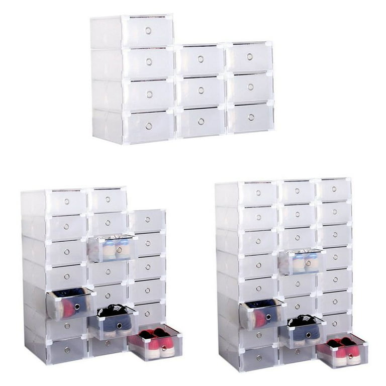 12 Pack Shoe Storage Boxes, Clear Plastic Stackable Shoe Organizer Bins,  Drawer Type Front Opening Shoe Holder Containers 