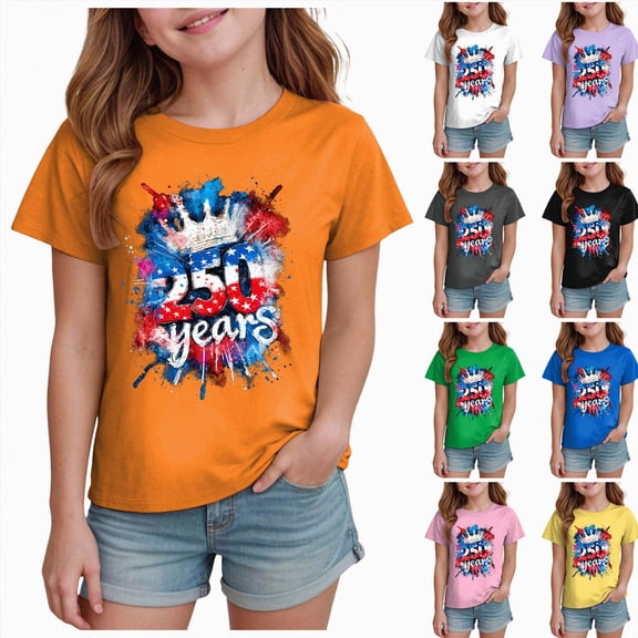 felwors Child T-Shirts Kids Patriotic Graphic Tee 4th of July Short Sleeve O-Neck Casual T Shirt for Girls Boys Youth Tops Celebrate America's 250th Anniversary 1776-2026 Birthday Dailywear