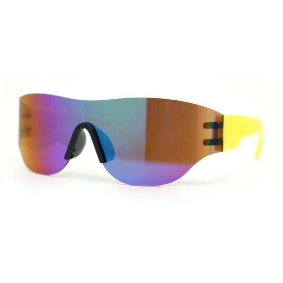 Boys Kids Rimless Shield Color Mirror Wrap Curved Sport Sunglasses Yellow - Green Mirror