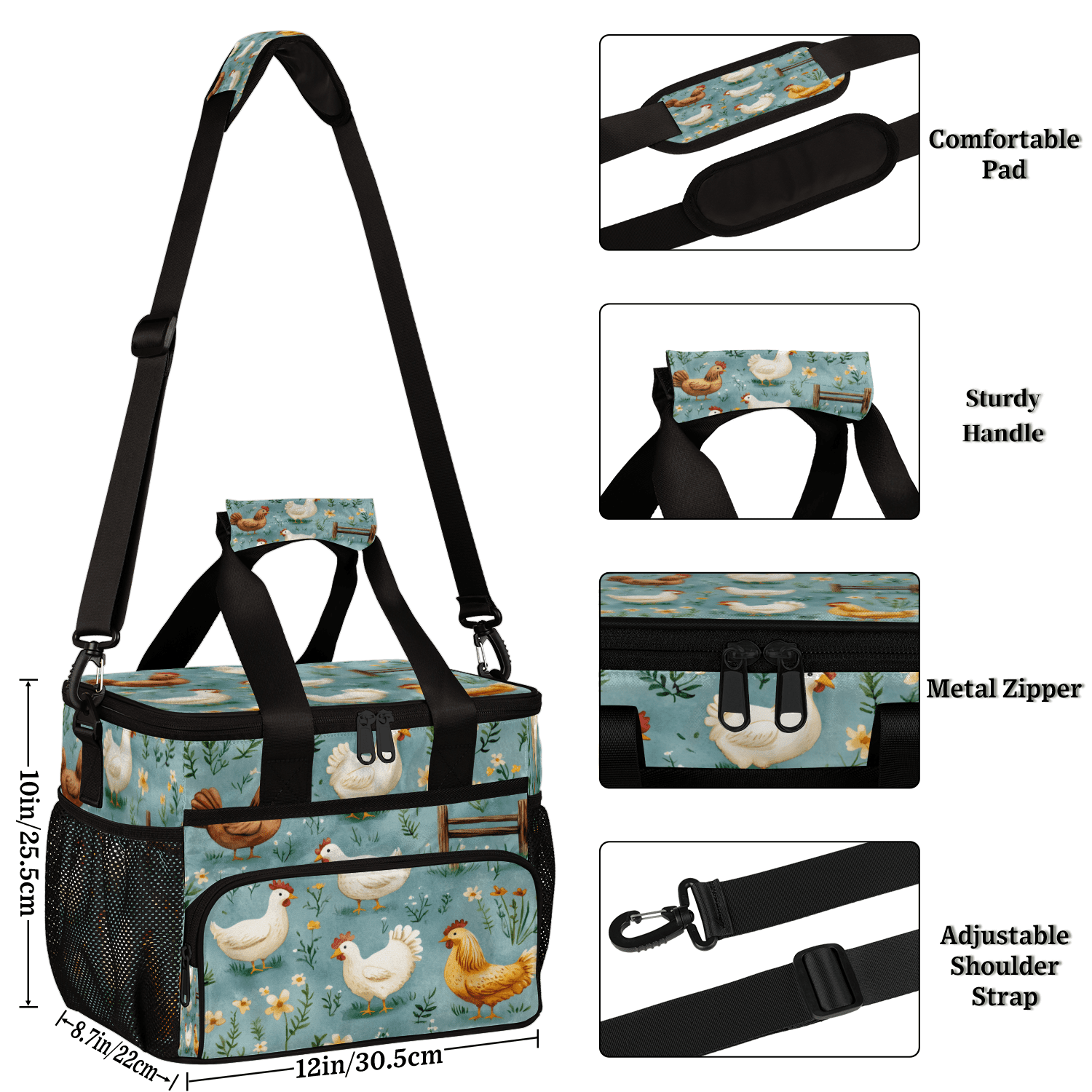 Herdesigns Chicken Large Insulated Lunch Box for Adults Women Men with Adjustable Shoulder Strap, Animal Reusable Cooler Lunch Bag for Offices Picnic Hiking Beach