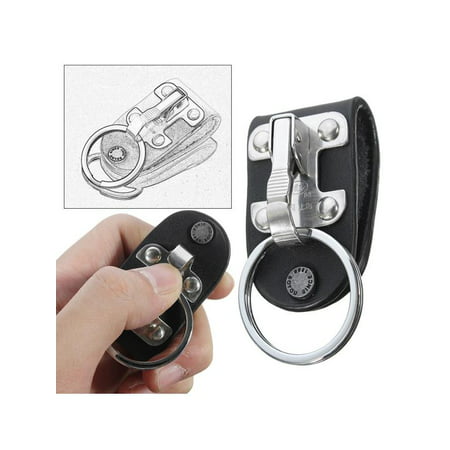 Stainless Steel Black Leather Detachable Key Chain Belt Clip Ring Holder