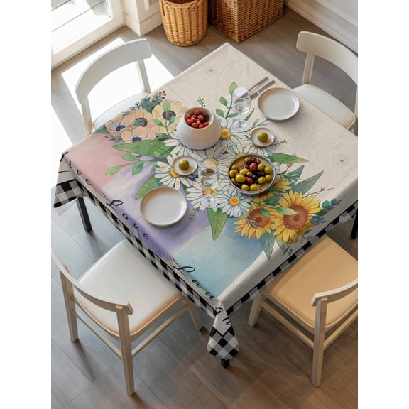 French Country Daisies Flower, Tablecloth Square Table Cloth 60x60, Waterproof Tablecloth Outdoor Table Cloth, Farmhouse Rustic Sunflowers Plaid Plants Washable Table Cover for Kitchen Dinning Party