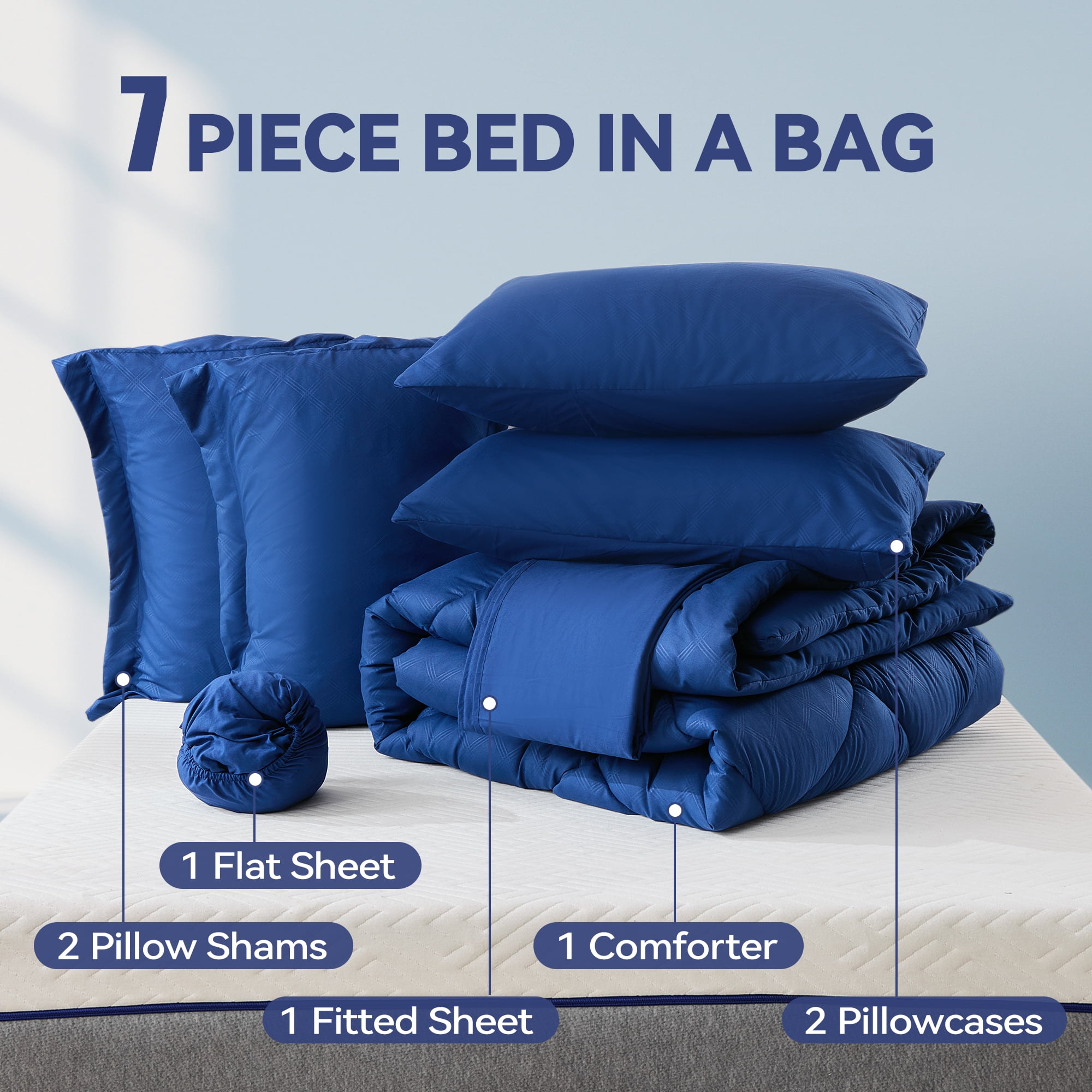BDEUS 7 Pieces Comforter Set Queen，Bed in A bag，All Seasons Bedding sets with Comforter,Fitted Sheet,Flat Sheet,Pillowcases & Shames，dark blue