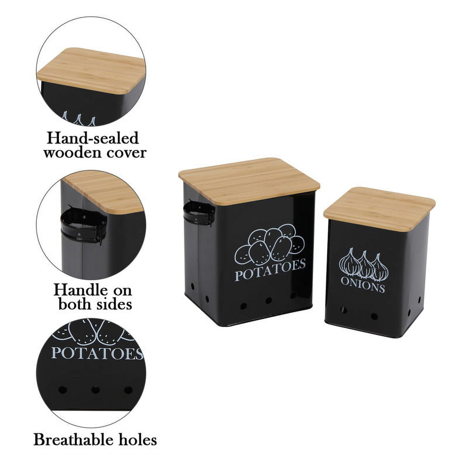 Brabtod Kitchen Vegetable Storage Tins 2 Pack Set for Potatoes&Onion, Metal Food Storage Container with Wooden Lid 7.5L Garlic Bin Caddy, Long Shelf Life Black
