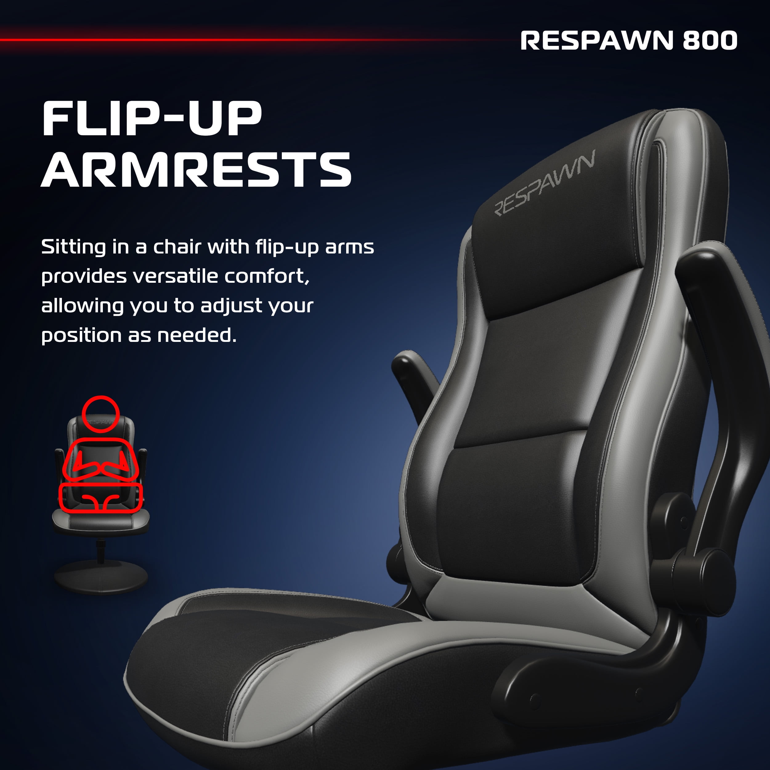RESPAWN 800 Swivel Rocker Gaming Chair - Ergonomic Floor Gaming Seat with Lumbar Support, Flip Up Armrest, High Back, Pedestal Base, Comfortable No Wheels Console Video Game Rocker Chair - Gray