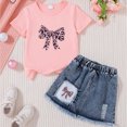 thumbnail image 2 of TOWED22 Girls' 2 Piece Outfit Toddler Short Sleeve Bow Print Tshirt Tee + Denim Skirt Set Summer Casual Clothes(Pink,7 Y), 2 of 7
