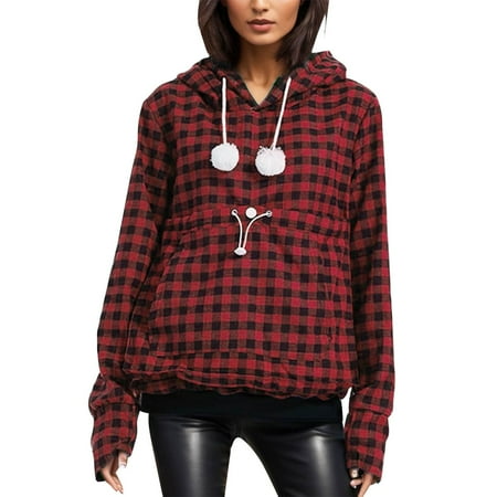 Bmisegm Women Autumn and Winter Loose Pet Hooded Sweater Pullover Large Pocket Plaid Sweatshirt Hoodies for Women Red M