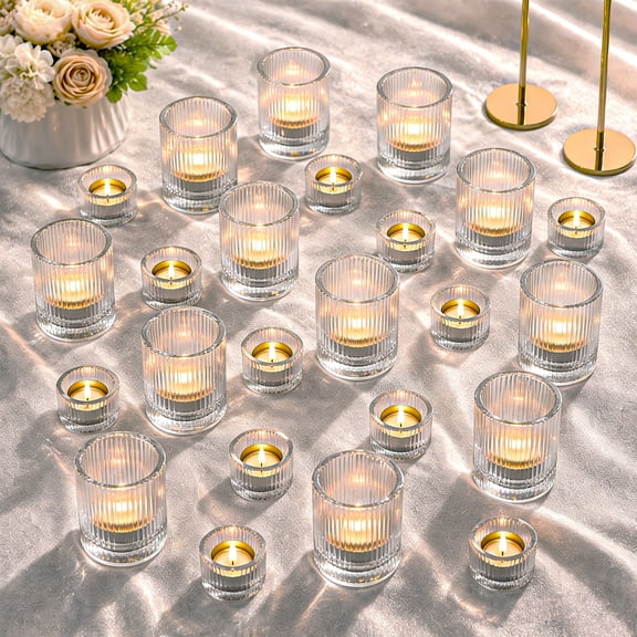 Lumikrypt 24 Pcs Ribbed Clear Votive & Tea Light Candle Holders, Glass Candle Holder for Table Centerpiece, Parties, Weddings and Home Decorations