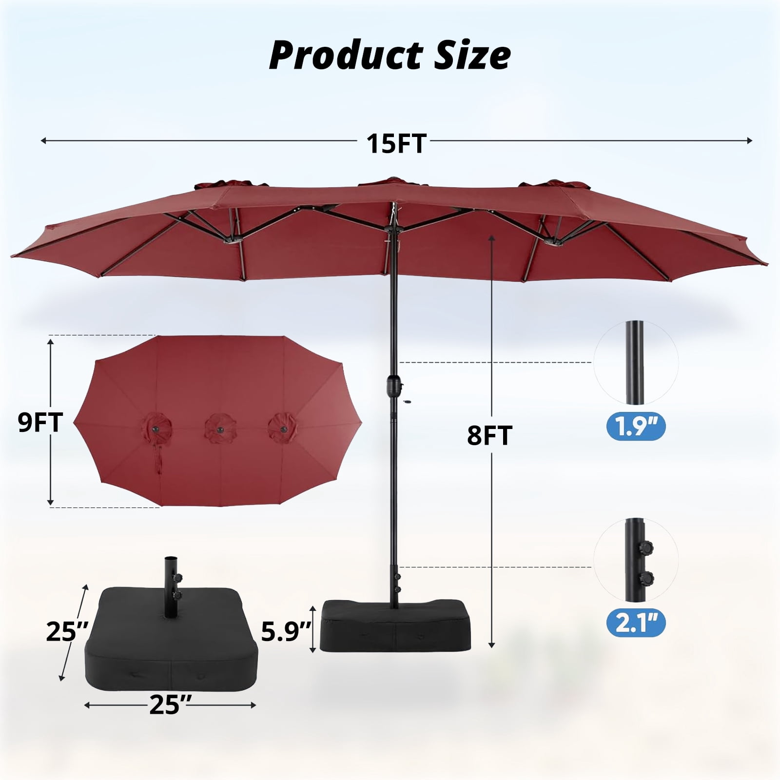 Betcozy Patio Umbrella with Base, 15ft Large Double-Sided Rectangle Umbrella, Outside Market Umbrellas for Deck, Poolside, Backyard, Red
