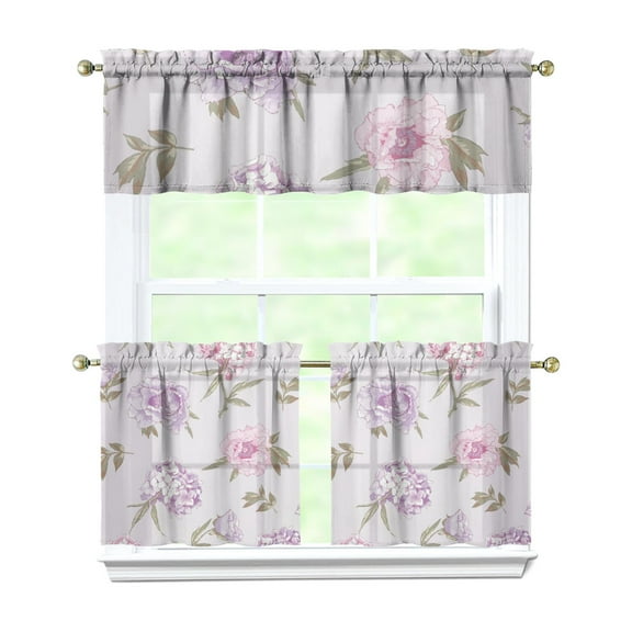 Pioneer Kitchen Curtains and Valance Set 24 Inch Tier Vintage Colorful Peony Flower Plants Curtains Small Drapes for Cafe Living Room Bathroom Farmhouse 3 Pieces Set Rod Pocket