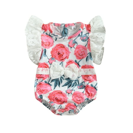

allshope Baby Girls Summer Casual Floral Romper Lace Flying Sleeve Round Neck Bow Decoration Playsuit