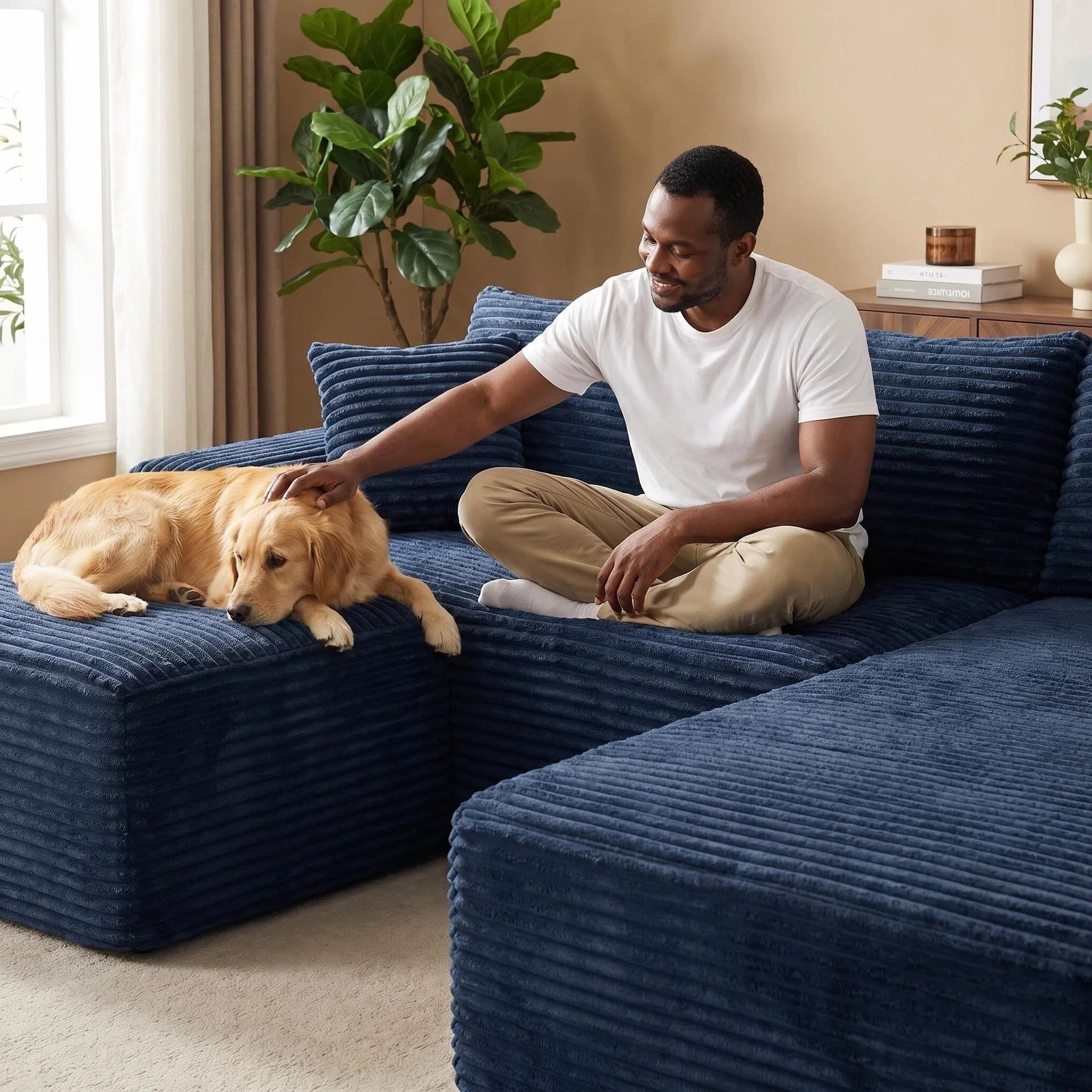 MOONMISS Small Modular Sectional Sofa with Movable Chaise and Ottoman,U-Shaped Boneless Cloud Couch for Living Room Apartment,Blue(Right Facing Chaise)