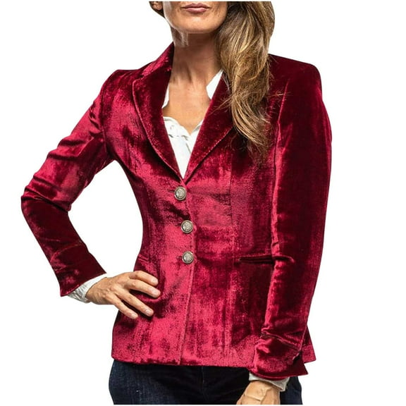 Oplxuo Women's Velvet Blazer, Classic Notched Lapel Casual Button Down Long Sleeve Suit Jacket Outerwear with Pockets