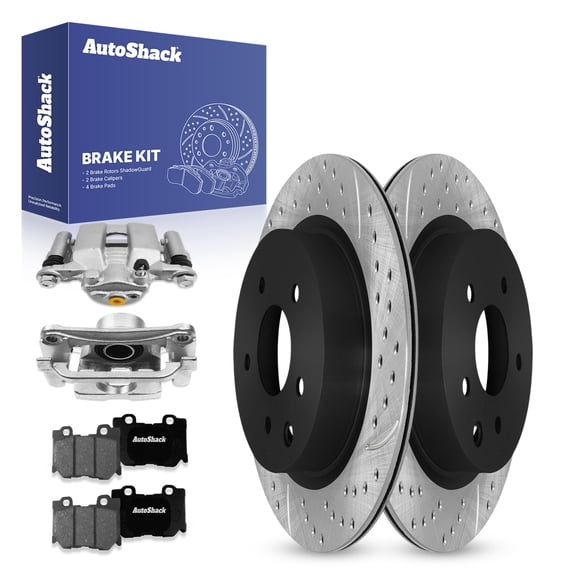 AutoShack Rear Drilled & Slotted Brake Rotors Premium Ceramic Brake Pads Calipers | Replacement for 2009 Nissan 370Z 3.7L V6 RWD | E-Coated | 8-PC Brake Kit | ShadowGuard